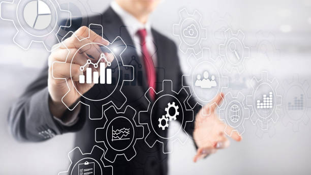 istock Business process abstract diagram with gears and icons. Workflow and automation technology concept. 1145423835