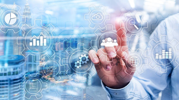 istock Business process abstract diagram with gears and icons. Workflow and automation technology concept. 1145423941