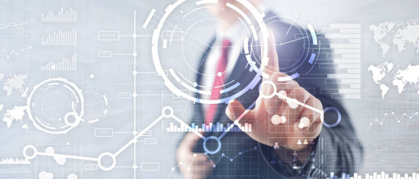 istock Business interface mixed media double exposure financial chart graph diagram and icon on virtual screen. Innovation concept 1145424715