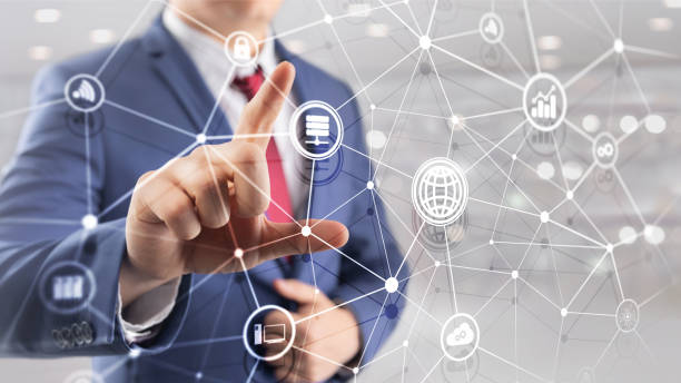 istock ICT - information and telecommunication technology and IOT - internet of things concepts. Diagrams with icons on server room backgrounds 1145424912