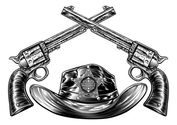 ilustrações de stock, clip art, desenhos animados e ícones de crossed pistols and cowboy hat with sheriff star - police badge badge police white background