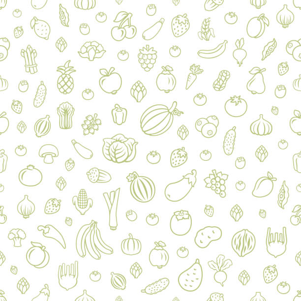 ilustraciones, imágenes clip art, dibujos animados e iconos de stock de frutas y verduras. patrón sin costuras - frutas
