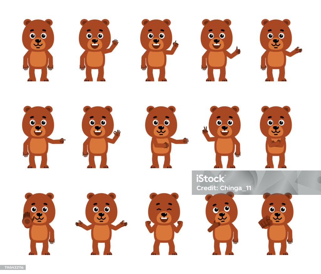 Set Of Cartoon Teddy Bear Characters Showing Various Hand Gestures Funny  Little Bear Cub Pointing Greeting Showing Victory Stop Sign And Other Hand  Gestures Stock Illustration - Download Image Now - iStock