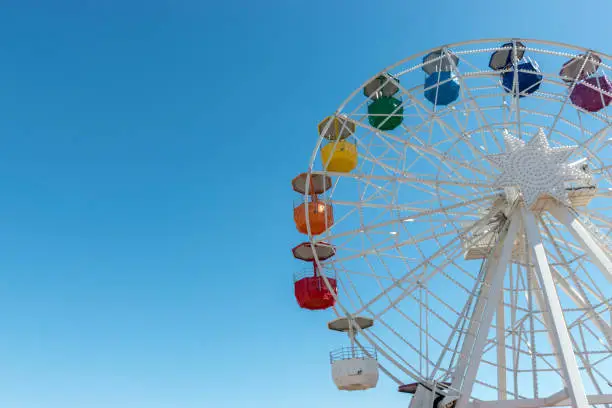 Old colorful ferris wheel on background of blue sky.