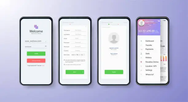 Vector illustration of App UI Kit for responsive mobile app or website with different GUI layout including Login, Create Account, Profile, Transaction and Notification screens.