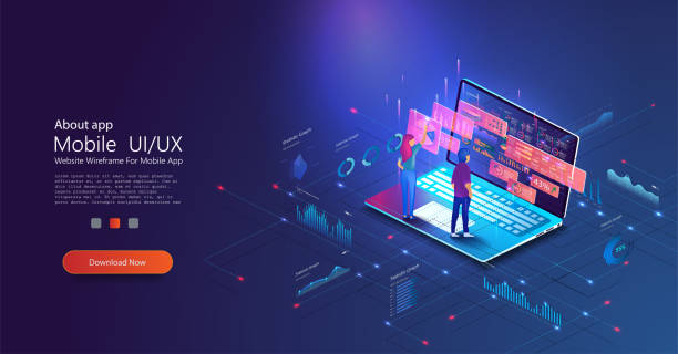 People work and interacting with graphs. Application of laptop with business graph and analytics data on isometric laptop and okr. Website header images on blue background.Vector People work and interacting with graphs. Application of laptop with business graph and analytics data on isometric laptop and okr. floating dock stock illustrations