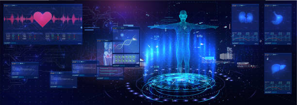 Medical examination in style HUD GUI. Medical Health Care Human Virtual Body Hi Tech Diagnostic Panel. Modern medical science in future and global international medical with tests analysis clone DNA Medical examination in style HUD GUI. Medical Health Care Human Virtual Body Hi Tech Diagnostic Panel. dna backbone stock illustrations