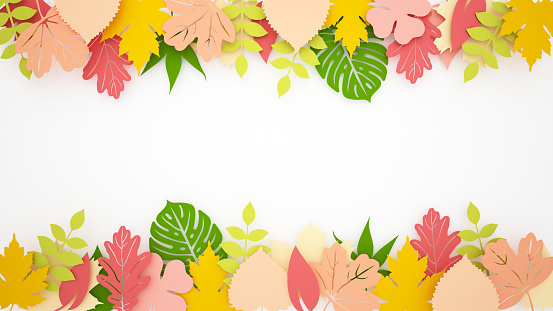 Multi Colored leaves on a white space for season artwork. Colorful Leaves in the forest for presentation. 3D Illustration