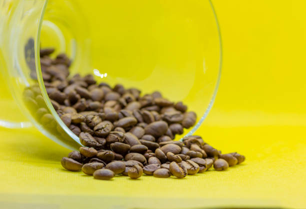 Coffee beans close up roasted as wallpaper with yellow background