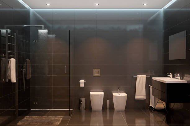 cuarto de ducha negro moderno por la noche - bathroom contemporary office sparse fotografías e imágenes de stock