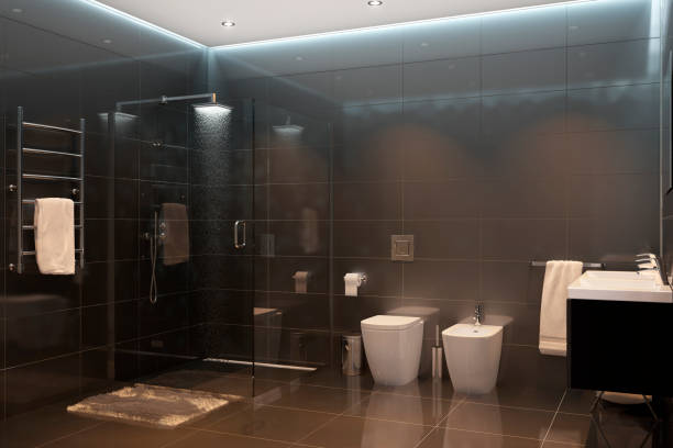 LED lamp with coiled cable in the interior of the bathroom.