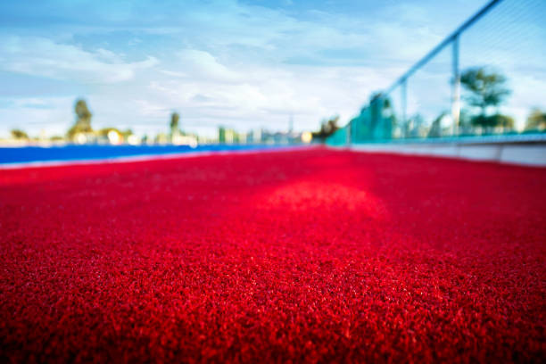 istock Modern astroturf hockey field in blue and red 1145436367