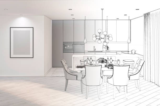 istock Sketch of modern dining room turns into a real interior 1145437048