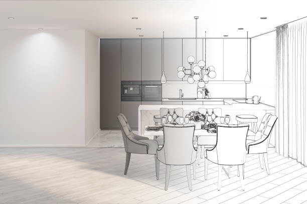 istock 3d illustration. Sketch of modern dining room turns into a real interior 1145437054