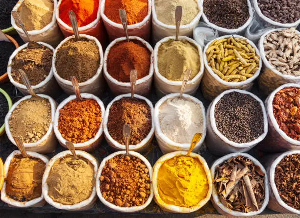 Bags with spices at the market in Goa in India