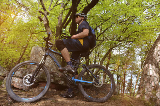 숲에서 휴식을 취하고 있는 산악 자전거 타는 사람 - odenwald 뉴스 사진 이미지