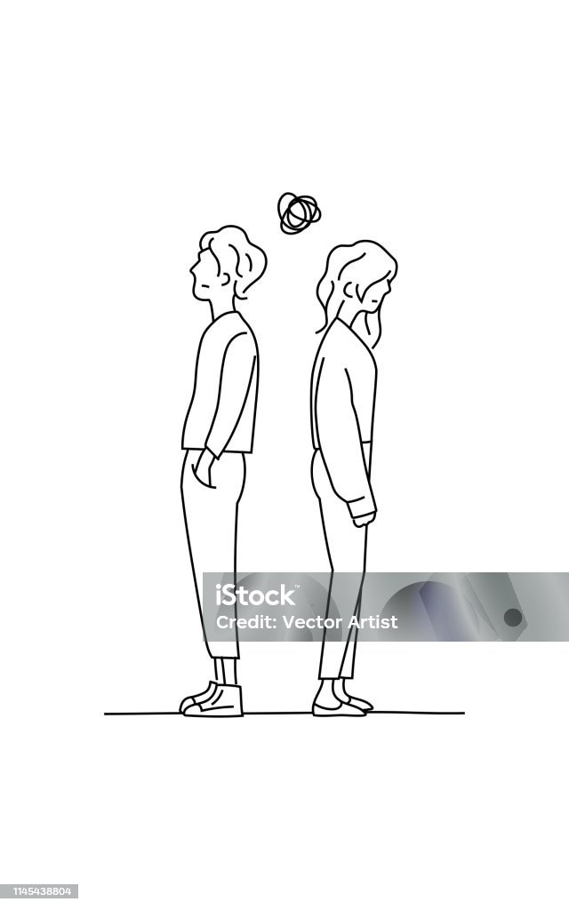 couple confused thinking about their relationship problem doodle drawing vector illustration. boy and girl stand back to back with small tangled messy scribble line ball symbol. Arguing stock vector