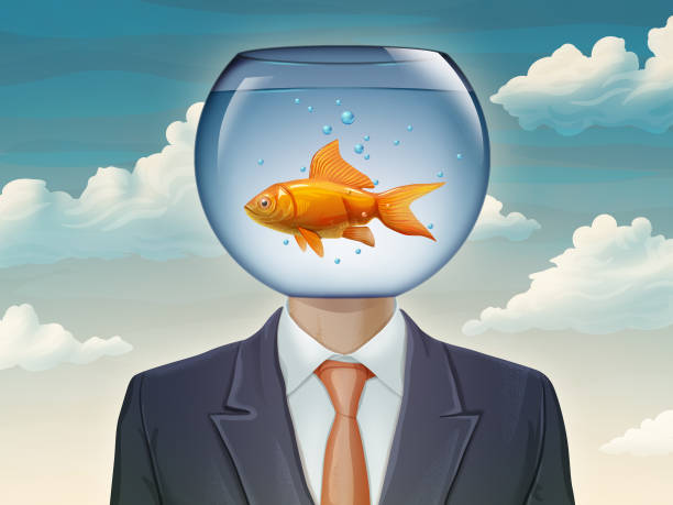 Goldfish and businessman Businessman with a fishtank as his head. Digital illustration. gold fish tank stock illustrations
