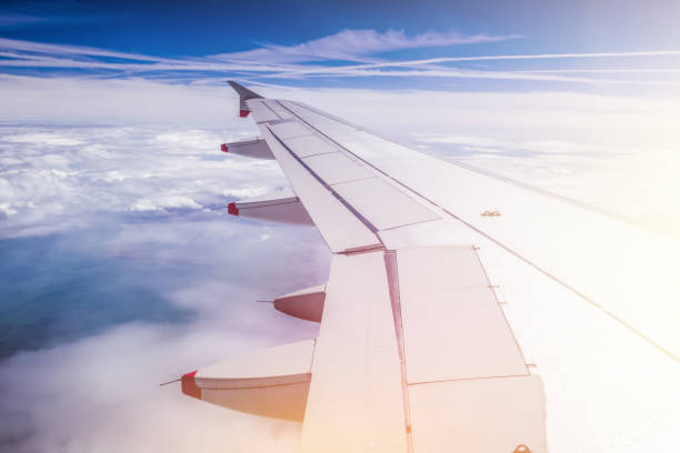 istock Airplane wing through the aircraft window. Greenhouse effect, global warming. 1145448500