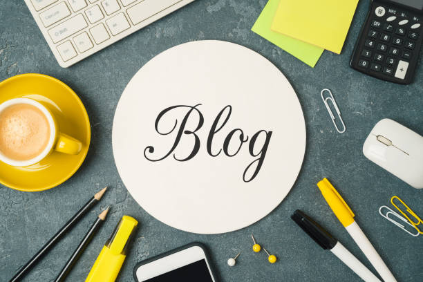 istock Blog and information website concept. Workplace  background with text. 1145450981