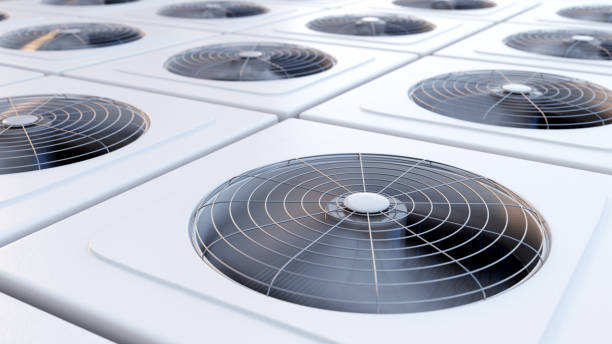 Group of HVAC units with fans close up stock photo