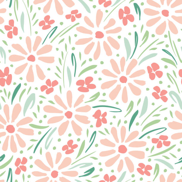 pastellfarbene handbemalte gänseblümchen auf weißem hintergrundvektor nahtlos. zarter frühlings-sommerfloraldruck - pattern repetition backgrounds pastel colored stock-grafiken, -clipart, -cartoons und -symbole