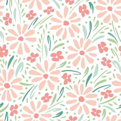 Pastel colored hand-painted daisies on white background vector seamless pattern. Delicate spring summer floral print. Perfect for textiles, stationery