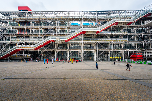 Paris, France - April 16, 2019: The Pompidou Centre in Paris is a complex building in the Beaubourg area. Inside is the public information library and the museum of modern art.