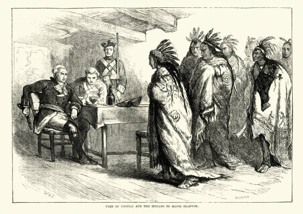 illustrations, cliparts, dessins animés et icônes de pontiac (chef d’ottawa) et les amérindiens avec le major gladwin - pontiac
