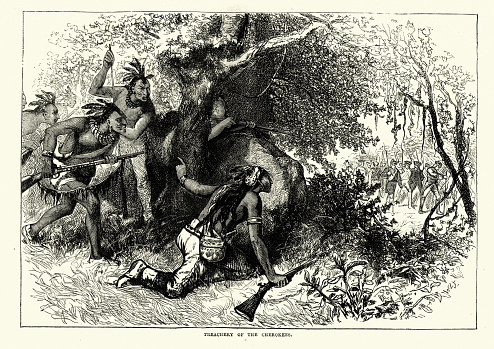 Vintage engraving of Treachery of the Cherokees, Warriors laying ambush for settlers, 18th Century