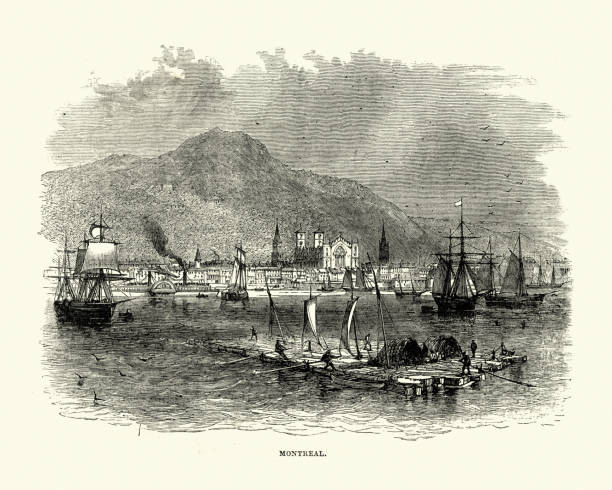 19 세기에 캐나다 몬트리올의 전망 - montreal harbor old commercial dock stock illustrations