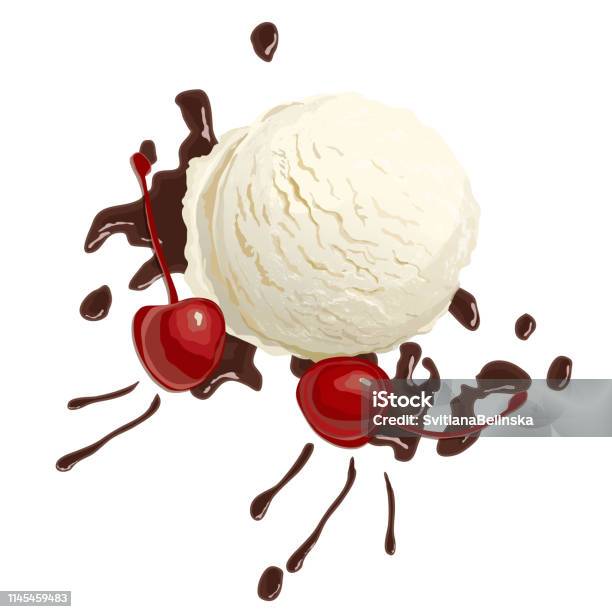 Vanilla Ice Cream With Chocolate Sauce And Cherries White Background Top View Stock Illustration - Download Image Now