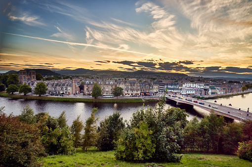 Panoramic view over the city of Inverness, Scotland at dawn.