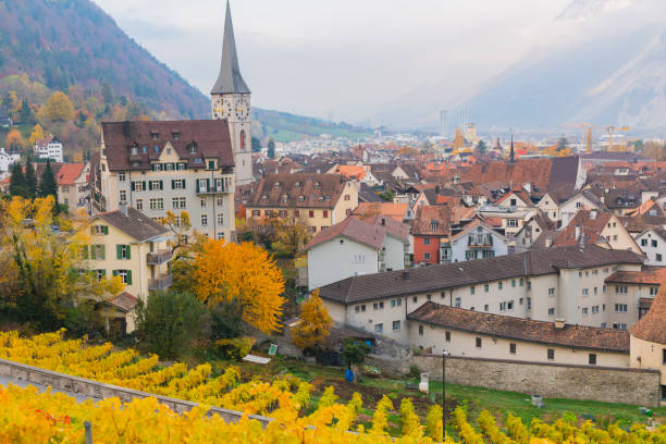 coire suisse belle vue sur la ville suisse chur, vignobles et montagnes des alpes, avec tour de l’horloge summertime - graubunden canton mountain travel valley photos et images de collection