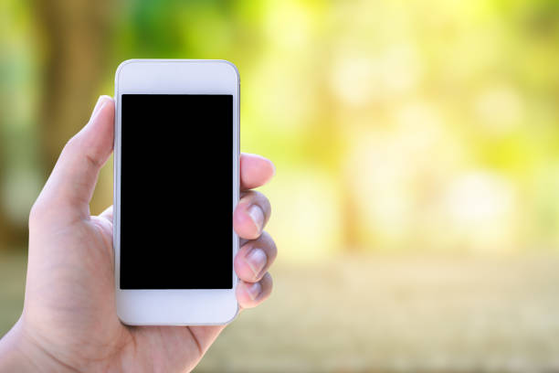 istock Hand holding smartphone on bokeh nature background 1145462297