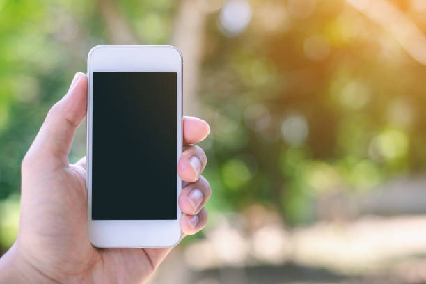 istock Hand holding smartphone on bokeh nature background 1145462309