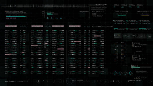 Futuristic Source Code Digital Data Telemetry Display Futuristic source code digital data telemetry motion graphic display screen with user interface display for digital background computer desktop display screen source code stock illustrations