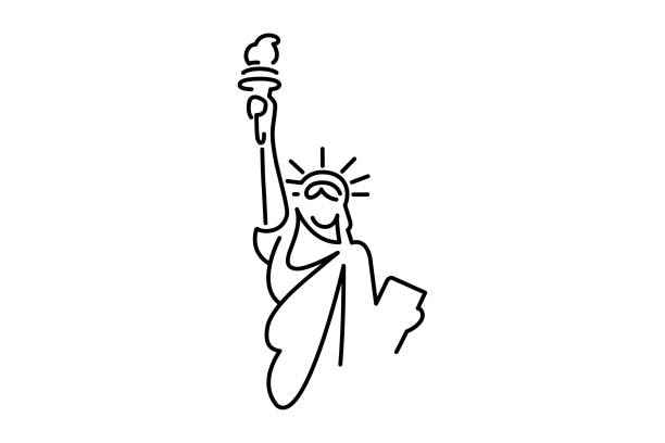 illustrazioni stock, clip art, cartoni animati e icone di tendenza di statua della libertà linea arte - statue of liberty