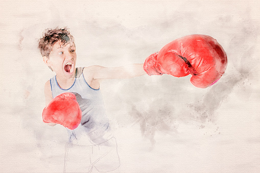 portrait of young boy boxing with red gloves in watercolors