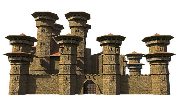 istock medieval castle with watch towers and gate isolated on white background 1145479969