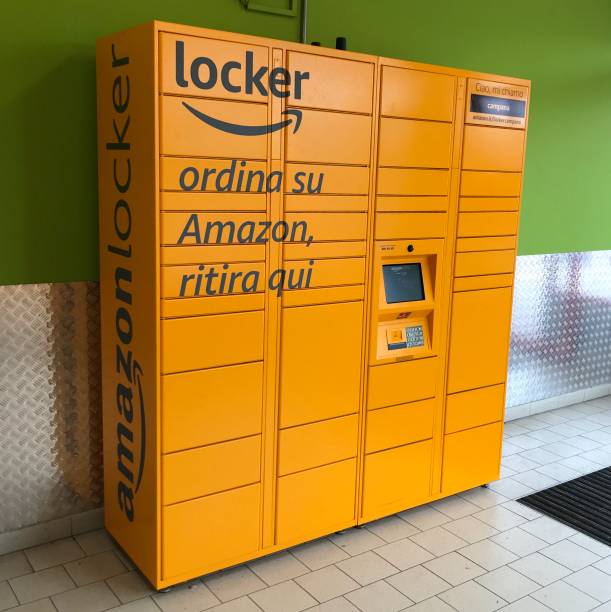 Yellow Amazon delivery locker. stock photo