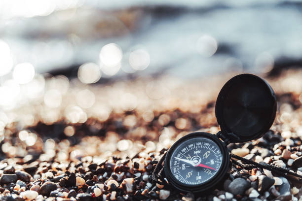 istock Compass on a sandy beach against the sea, soft focus 1145485523