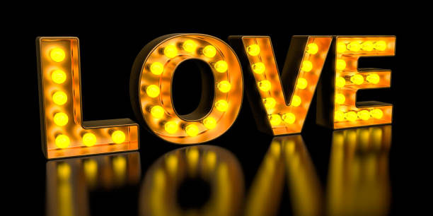 istock Love signboard from golden light bulb letters, retro glowing font. 3D rendering 1145490415