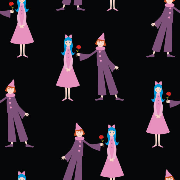 Background of the enamored circus dolls Seamless pattern of the enamored clown and doll. blue rose against black background stock illustrations