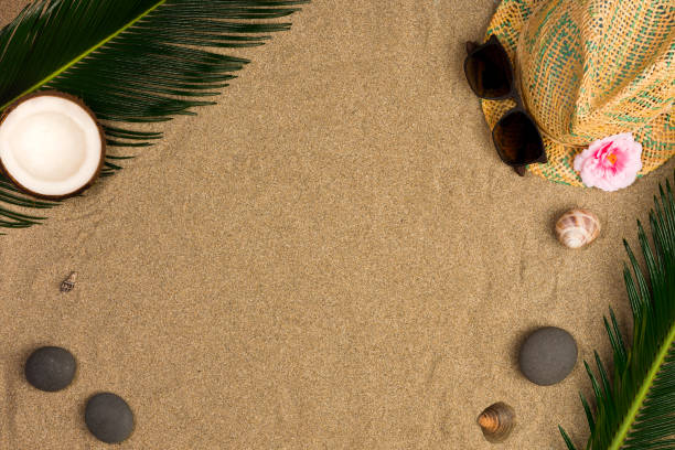 istock Summer vacation composition. Hat, palm leaves, sunglasses and other stuff 1145495177