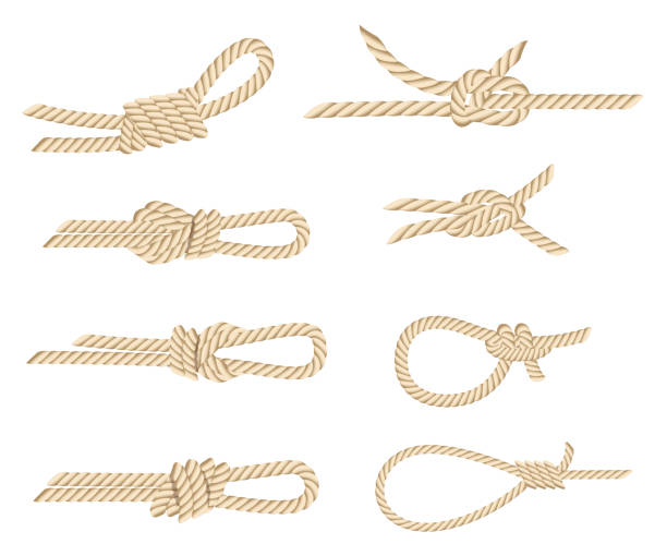 istock Set of nautical rope knots. Yellow rope. Strong marine rope knots. Flat vector illustration isolated on white background 1145495396