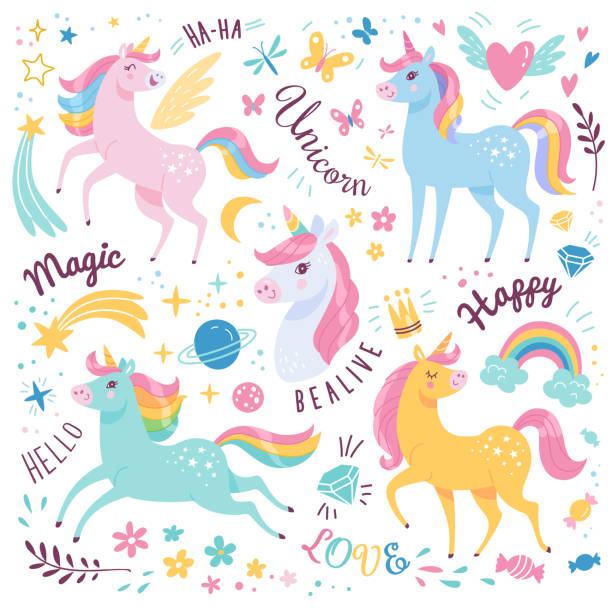 Unicorns collection. Vector illustration of cute cartoon multicolored Unicorns with rainbow mane. Isolated on white background. unicorn stock illustrations