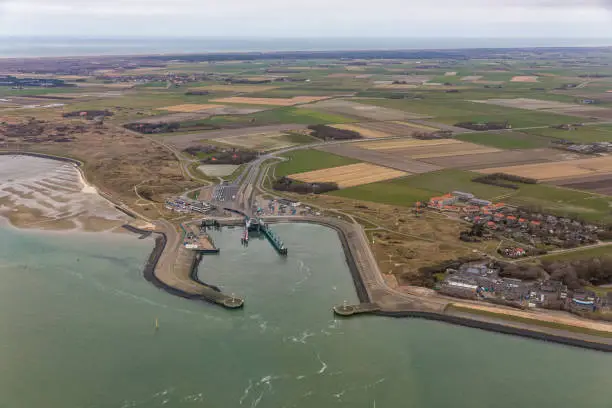 Aerial view ferry terminal Het Horntje at Dutch island Texel in Wadden sea