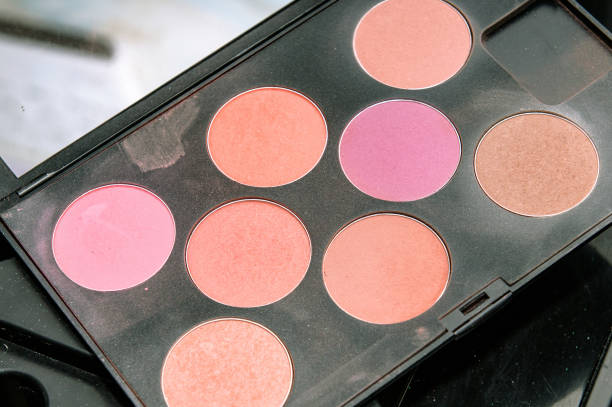 Palettes of multicolor cosmetic make up, eye shadow palette, colorful shadows texture background. close-up
