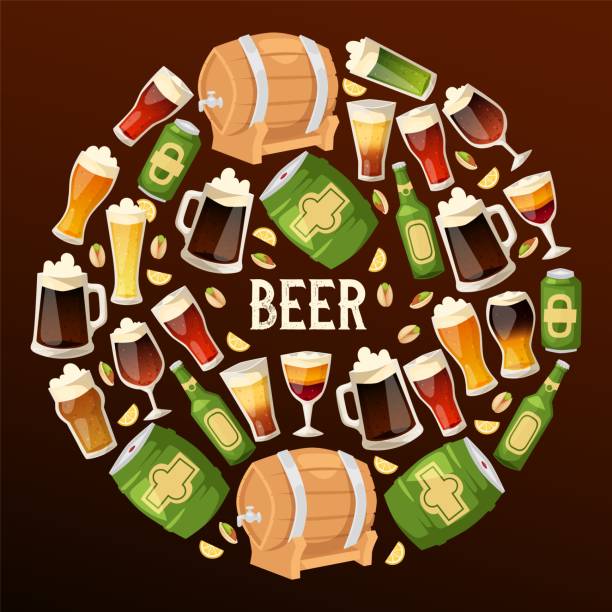 비어 하우스 맥주 양조장 벡터 비어 배럴 비어 머 그 다크에 일 병 - pistachio beer nuts nut backgrounds stock illustrations